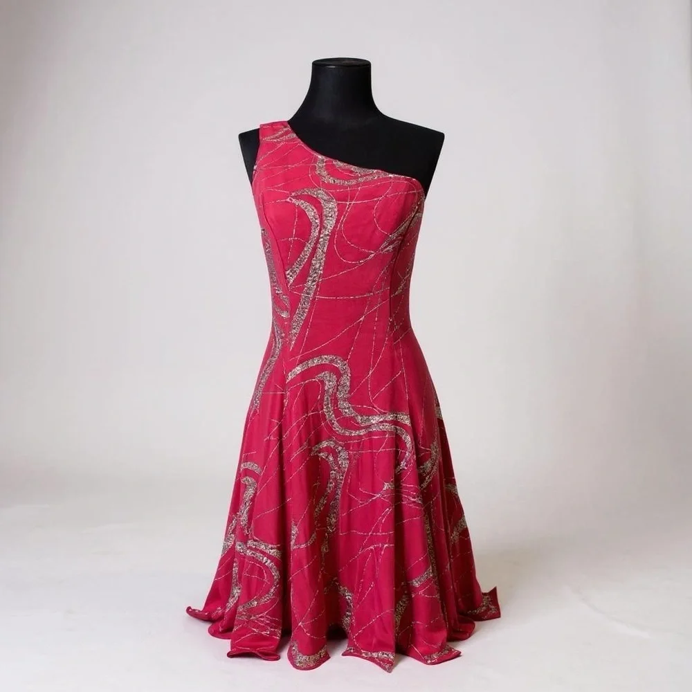 Vintage Rivar's Pink Ruffle One Shoulder Dance Dress 5/6 - Picture 5 of 16